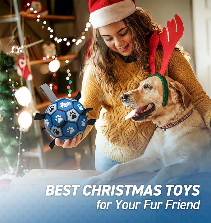 QDAN Dog Ropes Toys, Soccer Ball with Straps, Puppy Birthday Gifts, Durable Balls for Medium Large Dogs-Blue&Grey（8 Inch）