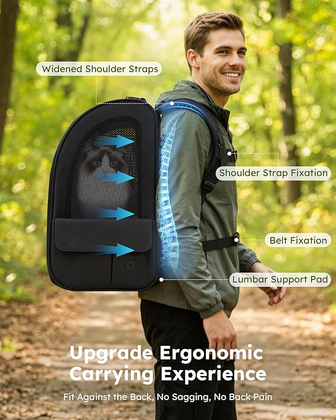 Pecute Cat Backpack Carrier XL, Expandable Pet Backpack for Cats & Small Dogs Up to 15lbs, with 4-Side Breathable Mesh, Multi-Entry & Lockable Zippers for Travel, Hiking, Camping - Hands Free, Black