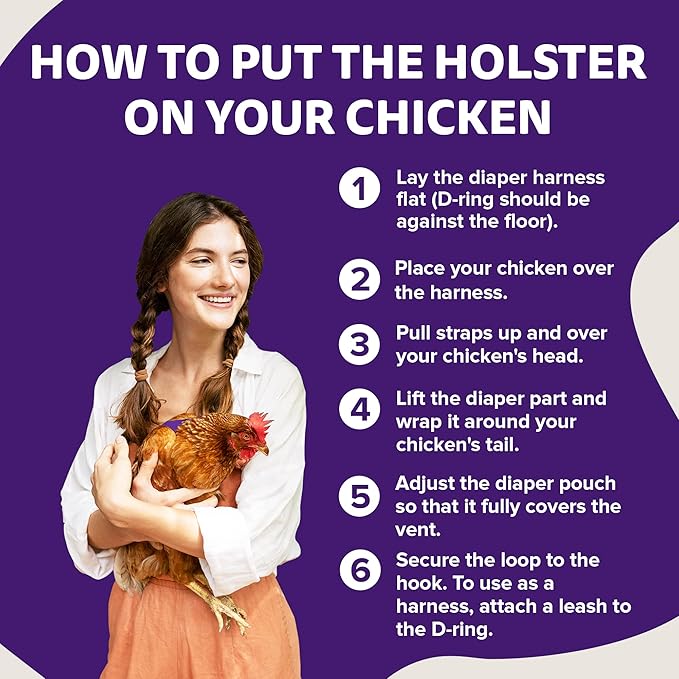 Hen Holster Wrap-Around Bird Diaper & Harness for Hens, Roosters, Ducks, Geese - with Removable Vinyl Liner, Adjustable Fit for Outdoor Adventures & Indoor Use - Easy to wear - XL, Purple