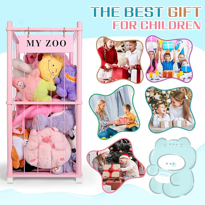 Stuffed Animal Storage Zoo with Wheels, Wooden Stuffed Animal Organizer with Elastic Cords, Space Saving Toy Plushies Storage Holder for Playroom, Bedroom, Living Room(Pink, Small)