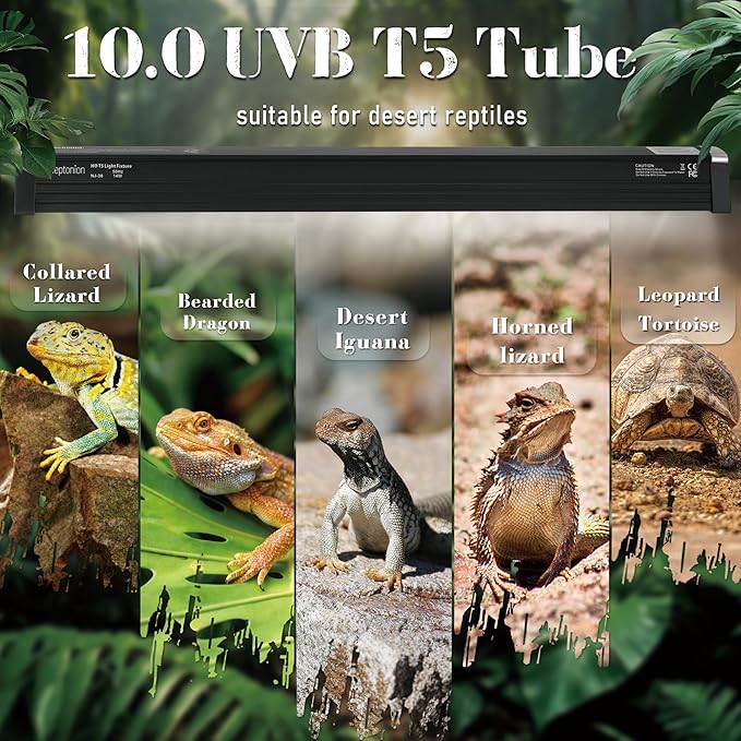 T5 Reptile UVB Light 12.5 Inches Fixture with UVB 10.0 Bulb High Output Hood for Terrariums, Basking Reptiles, Lizards, Chameleons, Iguanas, Bearded Dragons, 8W