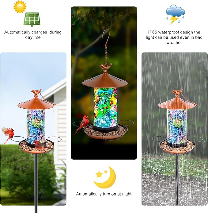 Ottsuls Solar Bird Feeder for Outdoors with Pole, Luxury Mosaic Glass Metal Vintage Lantern Standing, Pretty Garden Gift for Birthday Women, Men, Mom, Dad,Grandma