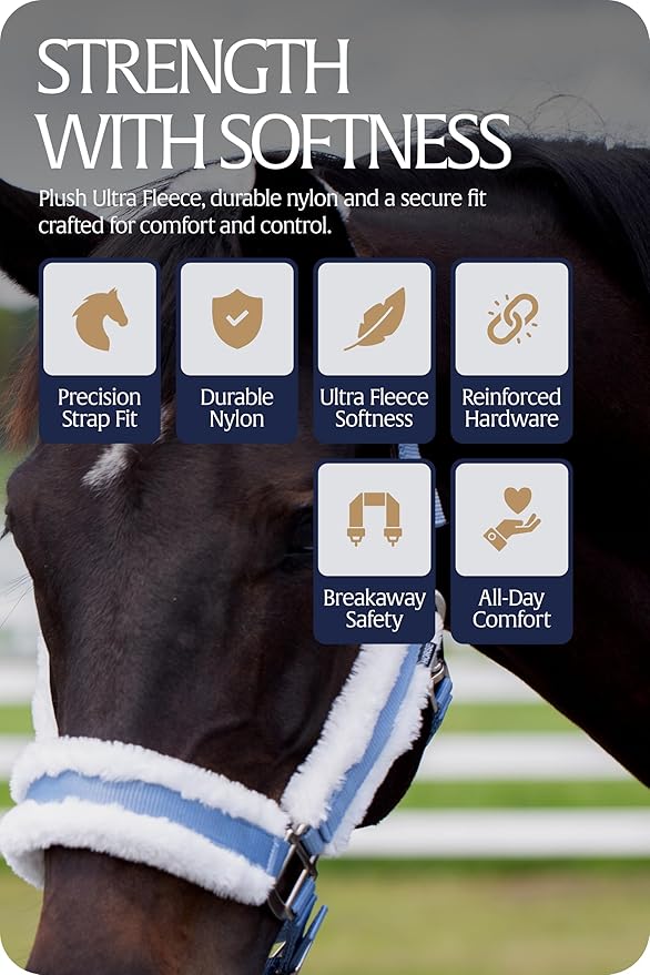 Equinavia Valkyrie Ultra Fleece Breakaway Horse Halter | Padded Fleece Adjustable Safety Halter with Nylon Webbing - Forever Blue/White - Warmblood
