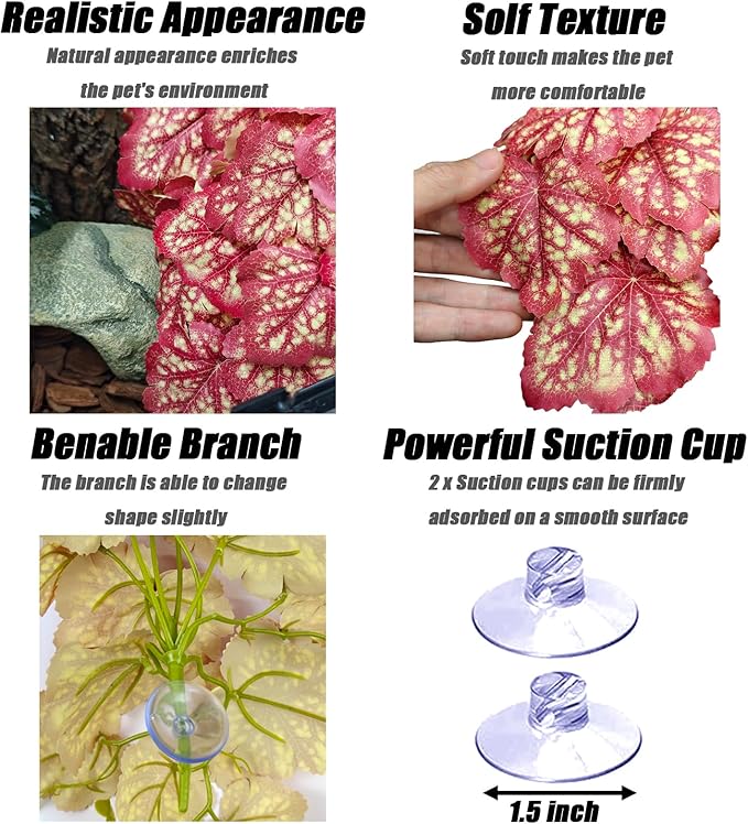 Woyrise Reptile Plants, Terrarium Hanging Plant Vines, Artificial Leaves with Suction Cup, Bearded Dragon Tank Accessories for Gecko Lizard Snake Frog Tortoise Decorations - Pink Heuchera