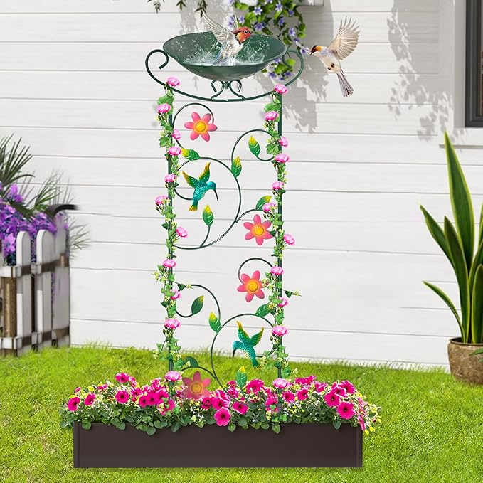 HONGLAND Metal Bird Bath with Trellis, 35" Outdoor Garden Birdbath with Detachable Bowl & Climbing Plant Support, Decorative Bird Feeder Station with Hummingbird for Yard, Patio, Fence