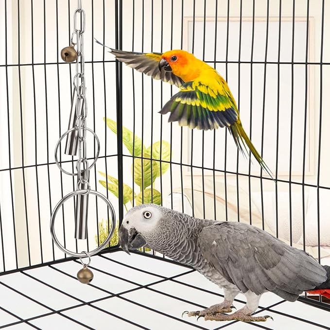 Hypeety Stainless Steel Bird Bell Toys Heavy Duty Hanging Spoons Rings Safe Metal Cage Hanging Bells Toy for Cockatoos Macaws African Grey Large Parrots and Birds (Bells+Rings)