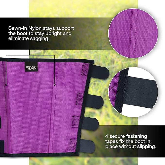 Harrison Howard Loose Fitting Fly Boots UV-Protective Extra Tough Mesh Ventilated Four Fasteners Stay-on Design Protect Horse Legs & Stomp-Reducing Set of 4 Purple Medium