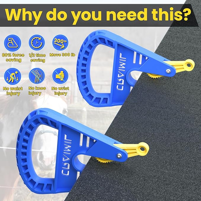 Pair of Mat Movers, Horse Stall Mat Grippers with Auto Rebound Locks, Heavy Duty Mat Handling Tool for Gym, Stable & Farm, 300LBS Capacity, Ergonomic & Reduces Back Strain, Time and Labor Saving