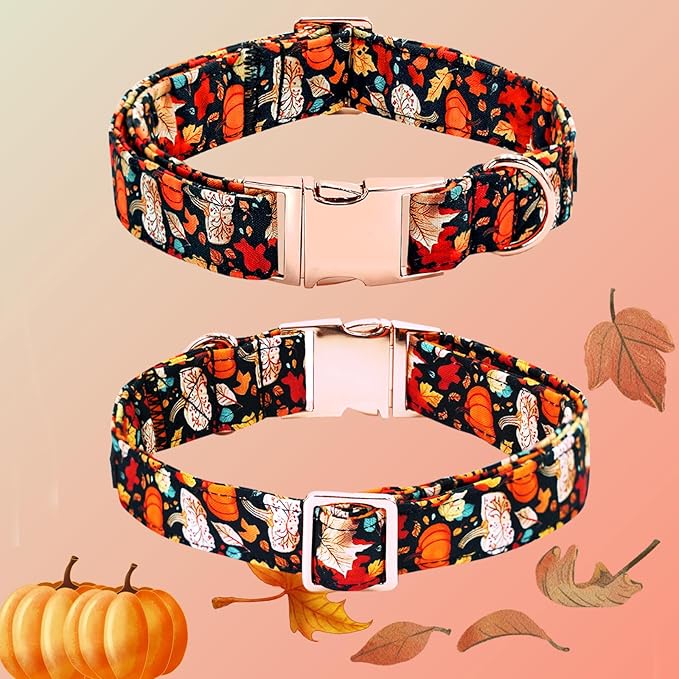 Fall Dog Collar, Leaf Pumpkin Print Adjustable Pet Collar Cute Cotton Soft Collars with Bow Tie Metal Buckle Holiday Puppy Collars Boy&Girl Gift for Medium Dogs