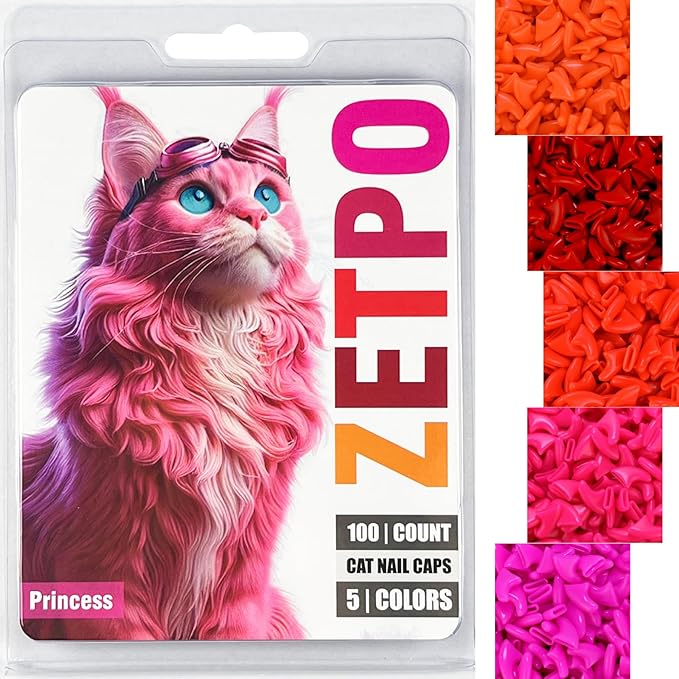 zetpo 100 pcs Cat Nail Caps | Cat Claw Covers | with Adhesives and Applicators (XS, Orange, Red, Neon Red, Bright Pink, Rose)