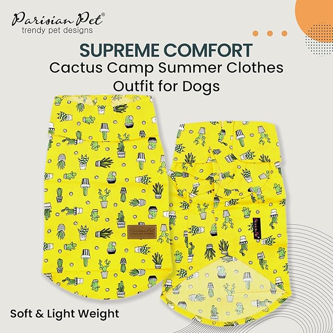 Parisian Pet Dog Shirt - Cactus Cap Dog Beach Outfit - 100% Cotton Dog Summer Clothes - Stylish Dog Costume - Breathable and Cool Pet Clothing - Machine Washable Dog Shirts for Small Dogs - XS