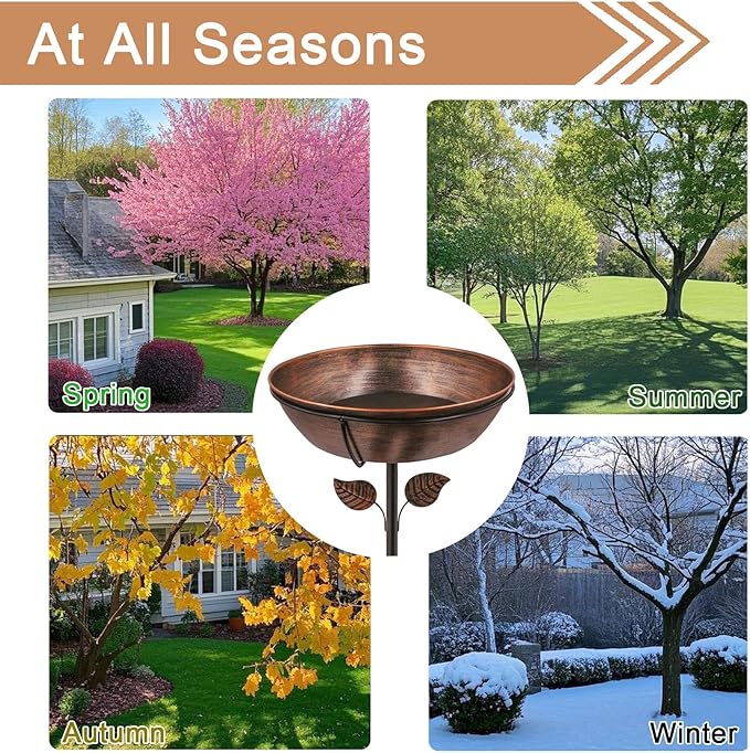 3" Deep Metal Bird Bath for Outdoors, Removable 13" Dia Bowl with Stable Upgrades Stake, Easy to Clean Birdbaths for Garden Yard Lawn Decor 1.4 Gallon