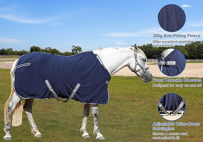 Horse Fleece Cooler, Blanket Liner - 300g Anti-Pilling Fleece, Moisture-Wicking, Cooling & Drying for Post-Workout, Bath & Travel, Prevent Overheating & Chilling Navy 81