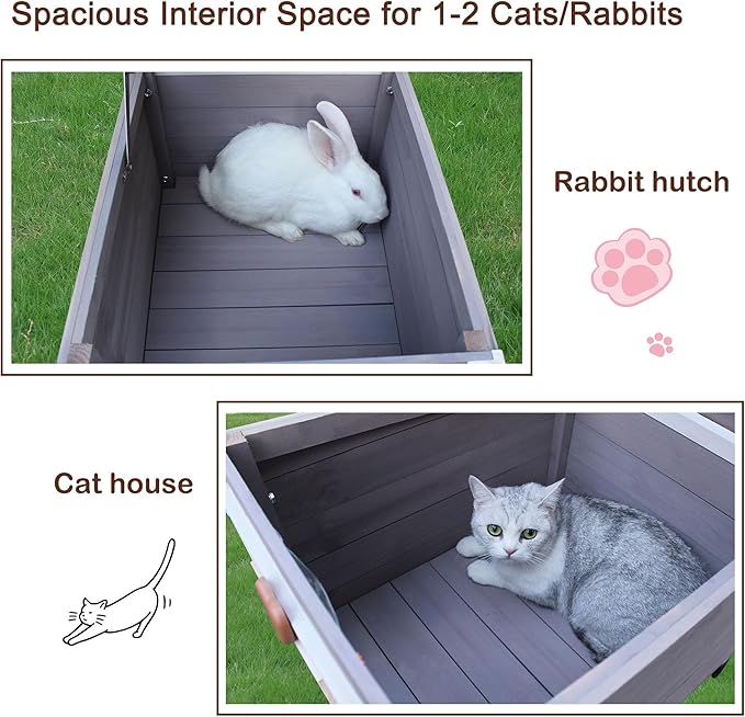 Rockever Outdoor Cat House,Outdoor cat Houses for Feral Cats Weatherproof Rabbit Hutch Small, Wooden Small Pet House and Habitats-Grey with Mat
