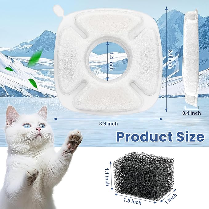 40 Pack Cat Water Fountain Carbon Filters, 20 Pcs Replacement Pet Filters with 20 Pcs Pre-Sponges Compatible with 67oz/2L 95oz/2.8L 135oz/4L Automatic Cats Dog Water Fountain Dispenser