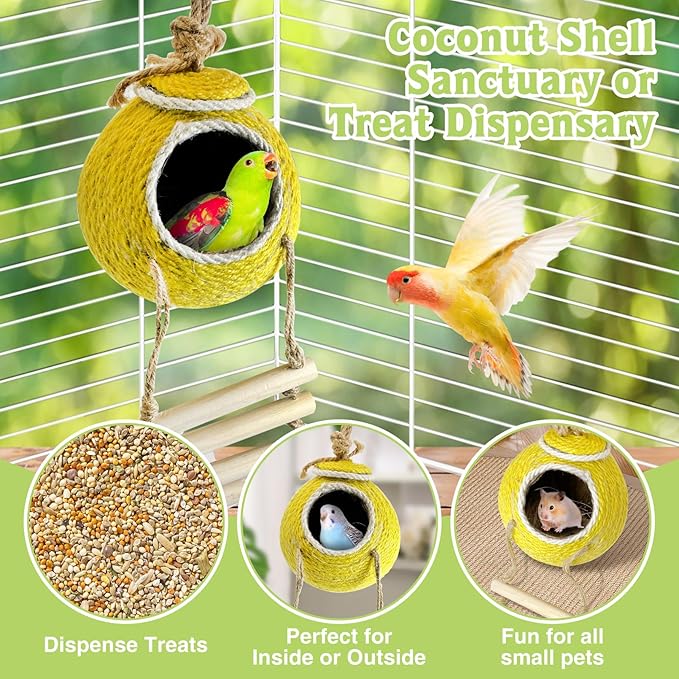 Tfwadmx Coconut Hide with Ladder, Natural Coconut Fiber Hanging Birdhouse Cage, Handmade Sisal Rope & Coconut Bird Shell Breeding Nest for Parrot Parakeet Lovebird Finch Canary (2 Pcs Yellow)