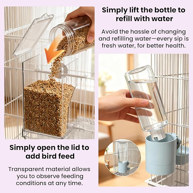 BAGHBPM No Mess Bird Feeder Water Dispenser Set,Automatic Parakeet Feeder Cage Accessories,Parrot Transparent Food Container Drinker for Cage,Canaries Budgies Lovebirds Cockatiels Finches (Purple)