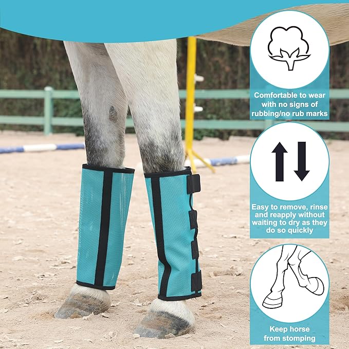 Horse Fly Boots Set of 4 - Non-Slip Leg Guards Extra Tough Mesh Ventilated, Adjustable Horse Fly Leggings Reduce Stomping & Hoof Stress & Leg Fatigue Paleblue Small
