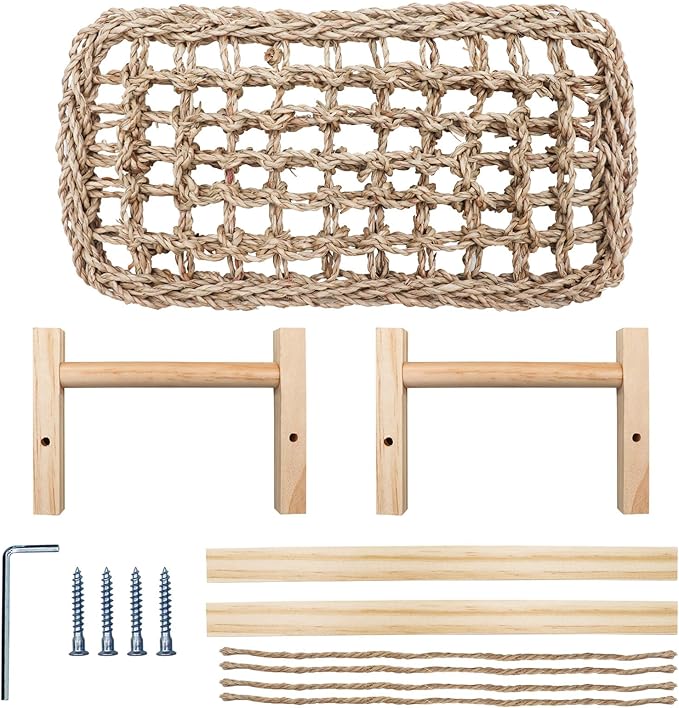 Dnoifne Bearded Dragon Bed - Natural Wood and Seagrass Hammock, Reptile Tank Basking Platform Accessories for Leopard Gecko, Lizard, Frog