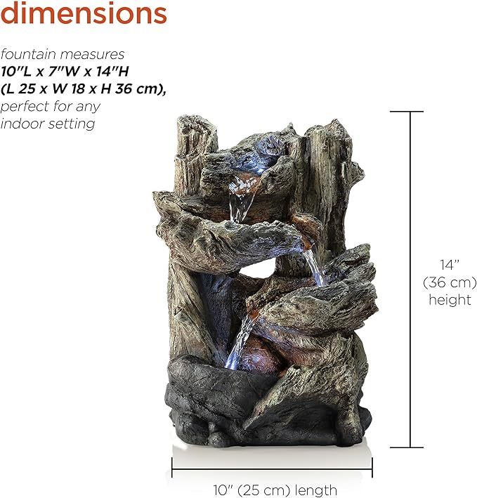 Alpine Corporation | 14"H Indoor Tiered Log Tabletop Fountain with LED Lights — Cascading Waterfall Design Creates Relaxing Ambiance for Home & Office Décor