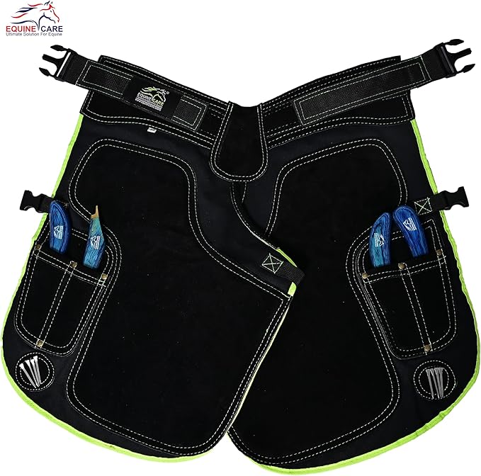 Equine Care Women’s Farrier Apron Chaps 23″ – Leather & Canvas, Adjustable 28–52″ Waist, EVA Padded Knees, Lumbar Support, 4 Knife Pockets & Nail Magnets for Hoof Trimming (Black with Green Piping)