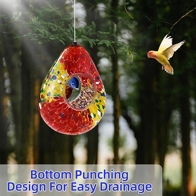 VOREEN Glass Bird Feeder, Fly Through Bird Feeders for Outdoor Hanging, Handmade Glass Wild Bird Feeder, for Garden, Yard, Backyard, Deck and Porch Decor, Gift for Mom Wife Friend, Red Teardrop