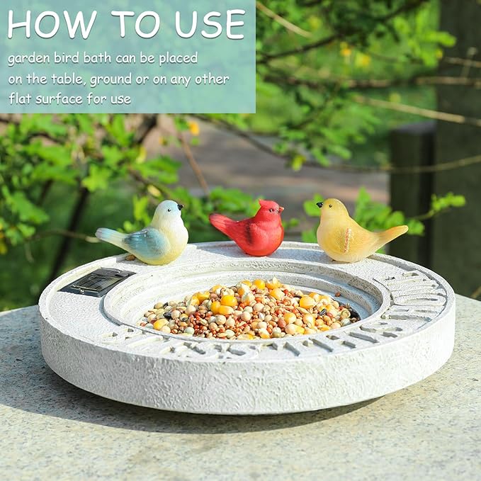 MUMTOP Bird Baths for Outdoors, Outdoor Garden Birdbath Bowl Resin Bird Baths and Feeder with Solar Birds Ornament for Outside Yard Table Decor