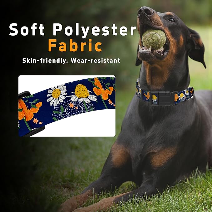 Dog Collar with Butterflies Print, Daisy Boys Girls Puppy Collar for Small Medium Large Dogs, Adjustable Soft Floral Pet Collar with Safety Buckle for Male Females(Blue Butterfly,M)