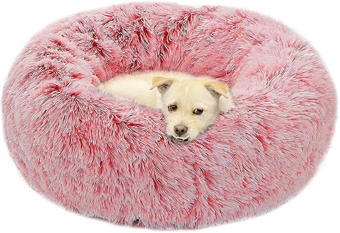Dog Bed Large, Soft Round Cuddler Dog Beds Fluffy Plush Faux Fur Pet Beds, Anit-Anxiety Self-Warming Comfy (28", Dark Pink)