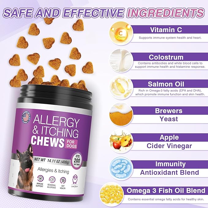Dog Allergy Chews - Dog Allergy and Itching Skin Relief Anti Itch Aller Immune Bites for Dogs Licking Paws Relief Itchy Chew Probiotics Vitamins for Skin and Coat Allergies - (Lamb, 200 Ct)