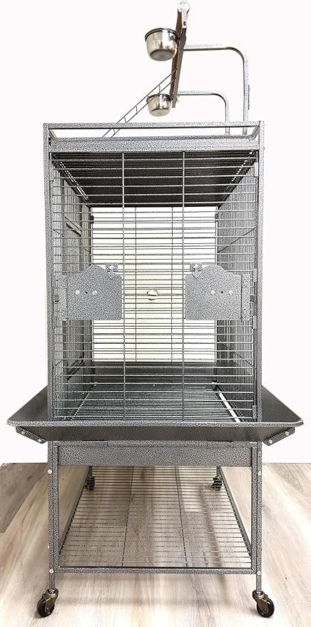 X-Large 32" Lx23 Wx69 H Deluxe Wrought Iron Bird Parrot Cage Top Play Ground Walk Ladder Stainless Cups Include Seed Guard Large Storage Shelf Heavy Duty Rolling Lockable Wheels