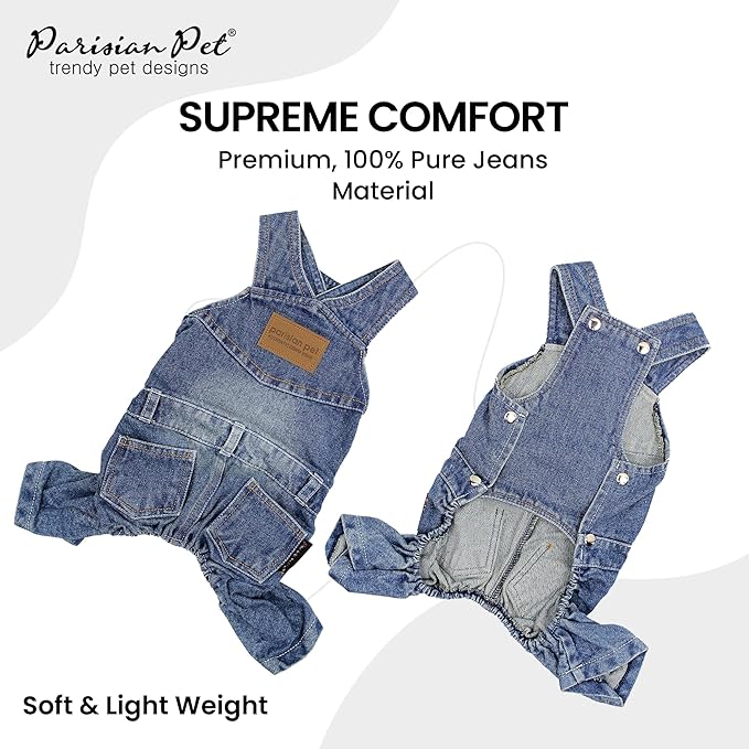 Parisian Pet Denim Overall - Blue Dog Jeans Outfit - Breathable Puppy Jumpsuit Costumes - Machine Washable Overall for Dogs - Dog Clothes for Medium Sized Dogs - M