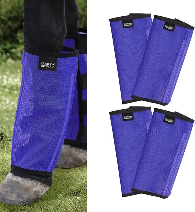 Harrison Howard Loose Fitting Fly Boots UV-Protective Extra Tough Mesh Ventilated Four Fasteners Stay-on Design Protect Horse Legs & Stomp-Reducing Set of 4 Deep Navy Yearling