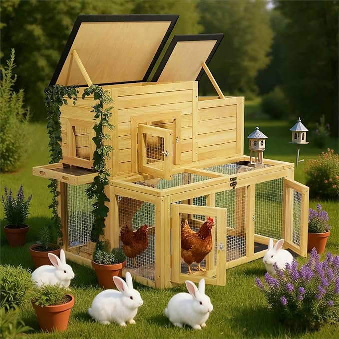 Outdoor Chicken coops for 2-4 Chickens Wooden with Waterproof Asphalt Roof, Ramp, and Multiple Doors Openable Top Pull-Out Tray Suitable for Outdoor Backyard (Yellow-Brown)