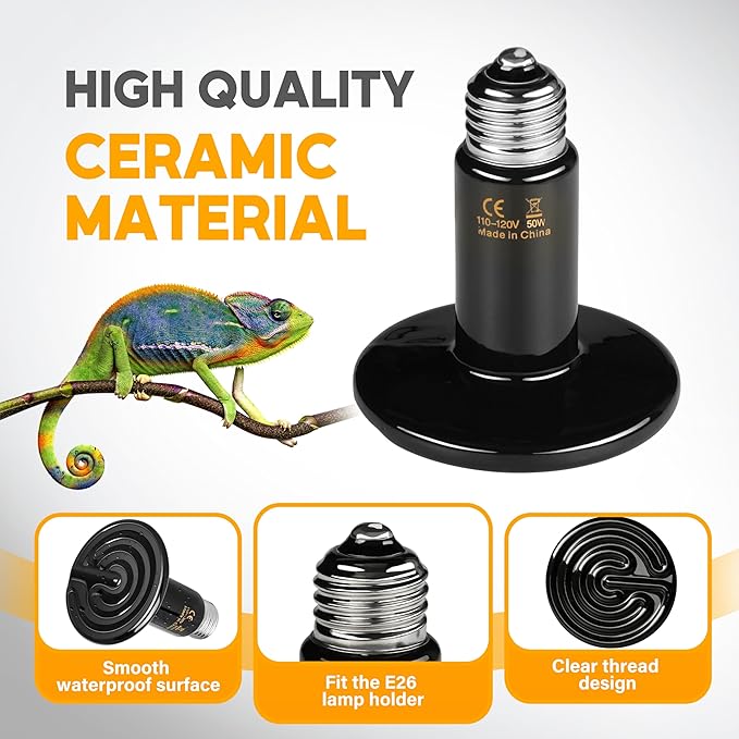 HealSmart 50W Reptile Heat Lamp Ceramic Heat Emitter, No Light Emitting Heat Bulbs, Suitable for Snake/Lizard/Spider, Plant Growth and Incubating Chicken, 2-Pack