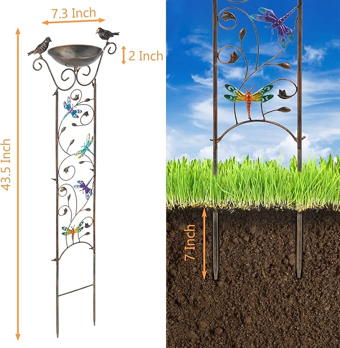 LEWIS&WAYNE Garden Trellis Bird Bath Outdoor, 40 Inch Antique Iron Garden Plant Trellis Decorative with Dragonfly and Detachable Drinking Basin Bowl, Free Standing BirdBath Birdfeeder Station