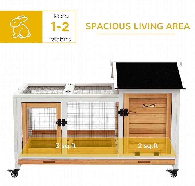 PawHut Wooden Rabbit Hutch with Wheels, Indoor Outdoor Large Bunny Hutch with Run & Slide-Out Tray for Small Animals, Rabbits, Chickens, Ducks, Guinea Pig, Yellow