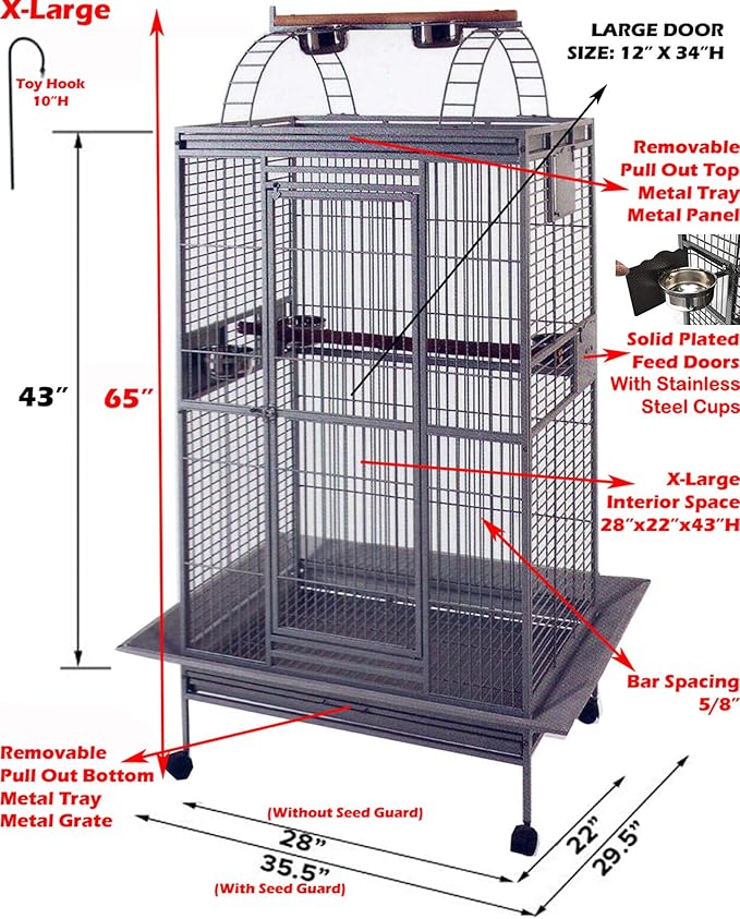 Extra Large Elegant Wrought Iron Play Top Bird Parrot Cage for African Grey Quaker Amazon Parrot Cockatiel Sun Green Cheek Conure Cockatoo Rolling Stand (28" L x 22" W x 65" H, White Vein)