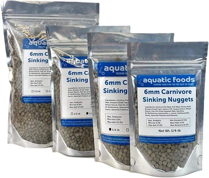 Aquatic Foods Inc. 6mm - 1/4" Carnivore Sinking Pellets for Cichlids, Catfish, Monster Fish, Bottom Fish & Koi - 1/4-lb Foil Pouch Bag