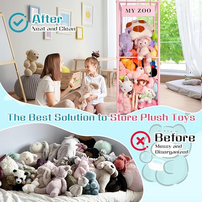 Stuffed Animal Storage Zoo with Wheels, Wooden Stuffed Animal Organizer with Elastic Cords, Space Saving Toy Plushies Storage Holder for Playroom, Bedroom, Living Room(Pink, Large)