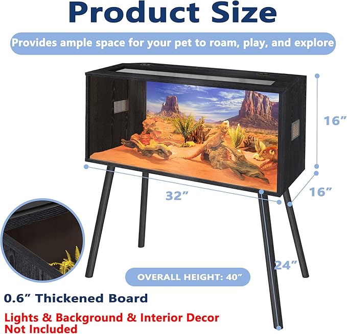 Prolee 36 Gallon Reptile Tank, Tempered Glass Bearded Dragon Tank with Wooden Roof and Lockable Doors, Large Lizard Habitat for Snakes, Iguanas, Chameleons (Black)
