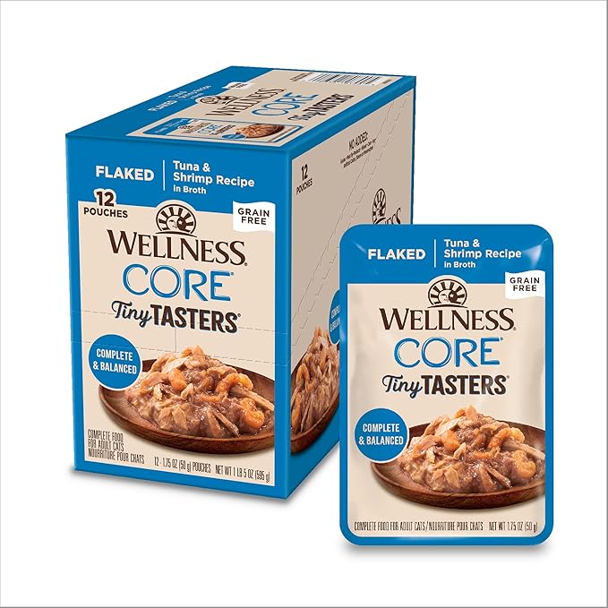 Wellness CORE Tiny Tasters Minced Adult Wet Cat Food, Natural, Protein-Rich, Grain Free, 1.75-Ounce Pouch, 12 Pack, (Tuna & Shrimp)