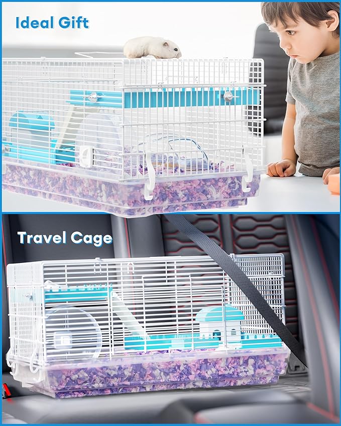 BUCATSTATE 3 Levels Small Hamster Cage with Accessories, 8-in-1 Small Animal House for Dwarf Hamsters, Mice, Gerbils (18.5"x11.8"x11.8")