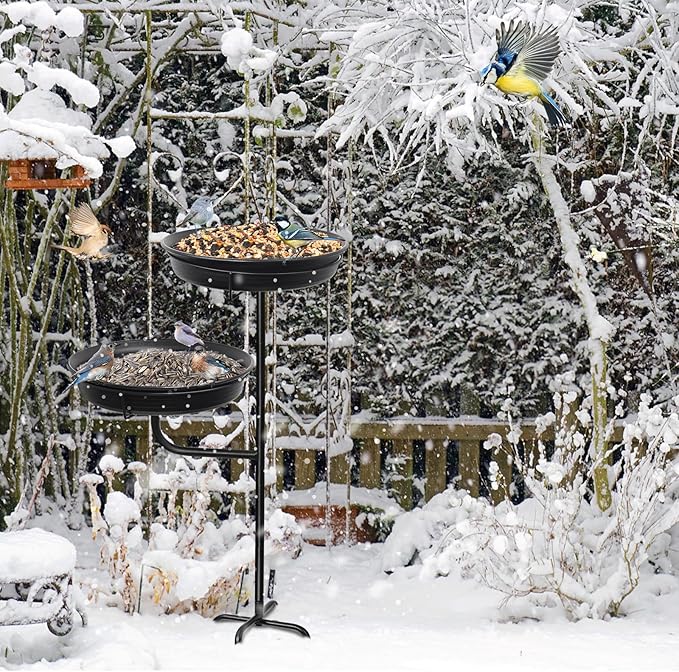 Freestanding Birdbaths Bowl Outdoor, Standing Garden Bird Bath Bird Feeder & Bird Bath Bowl, Detachable Decoration Spa Birdfeeder for Garden Patio Yard Lawn, 4 Spiky Metal Stake (Black)