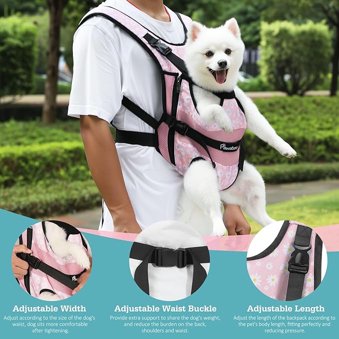 Pawaboo Pet Dog Front Carrier Backpacks, Legs Out Pet Carrier Backpack, Adjustable Easy-fit Dog Chest Carriers for Small Medium Dogs Hands Free for Travel Hiking Cycling Camping, L, Pink Daisy