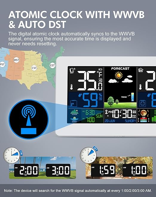 Weather Station Wireless Indoor Outdoor Thermometer, Digital Thermometer with Remote Sensor, Large Display Home Weather Stations with Weather Forecast, Atomic Clock, Barometric Pressure, Moon Phase
