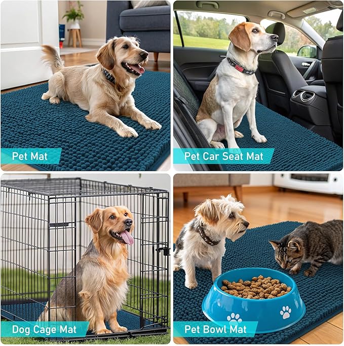 OLANLY Dog Door Mat Set 4-Piece 30x20, Absorbs Moisture and Dirt, Absorbent Non-Slip Washable Doormat, Quick Dry Chenille Mud Mat for Dogs, Entry Indoor Entryway Carpet for Inside Floor, Atlantic Blue