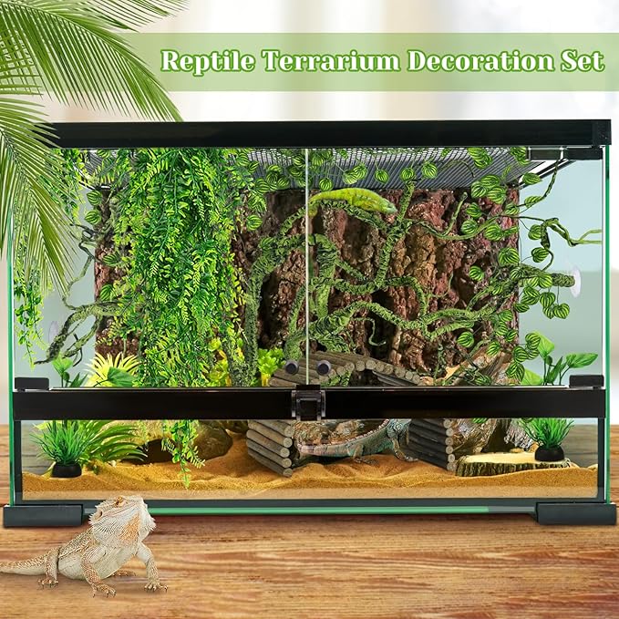 Bearded Dragon Tank Accessories, Terrarium Hanging Plant Vines Artificial Leaves Reptile Hide, Bridge Jungle Climber Reptile Vines for Snakes Bearded Dragon Chameleon Gecko Lizard
