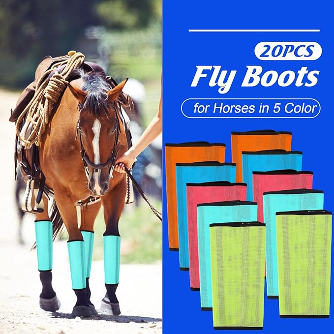 Set of 20 Mesh Fly Boots for Horse Breathable Mesh Horse Boots Protective Horse Leg Wraps Horse Leggings for Preventing Flies and Mosquitoes Bites(Blue, Orange, Pink, Green)