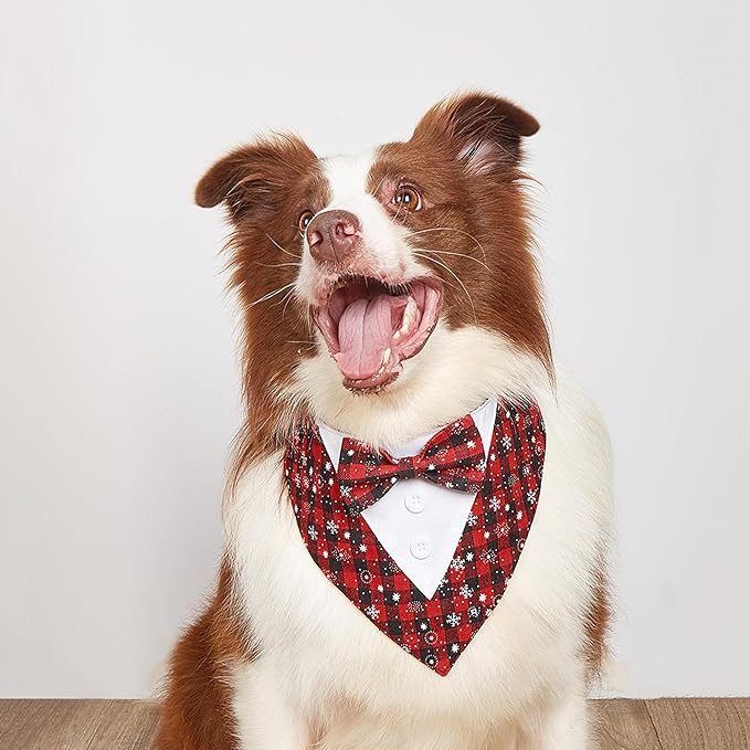 ADOGGYGO Christmas Dog Tuxedo Bandana, Red Plaid Pet Chritstmas Tux with Bowtie Adjustable Christmas Formal Costume for Medium Large Dogs Pets (L)